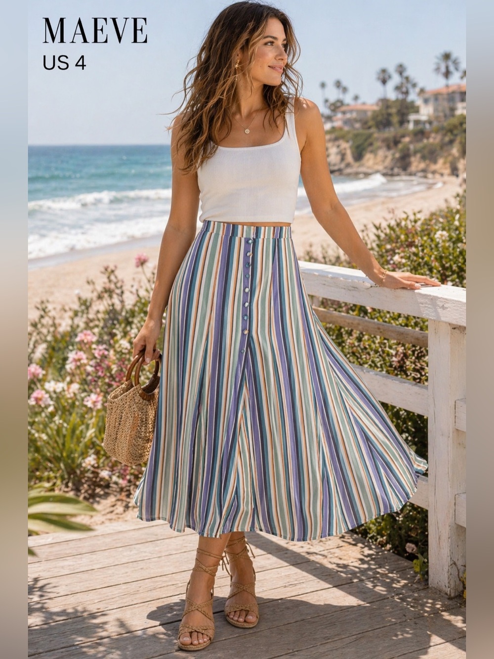 Maeve Anthropologie Striped Midi Skirt US 4 Button Front Flowy boho purple FLAW